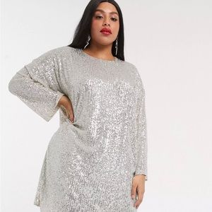 ASOS DESIGN Curve sequin long sleeved mini dress-Silver